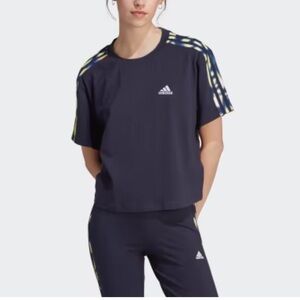 Adidas T-shirt  Vibrant Print cropped lose fit Sz L navy blue